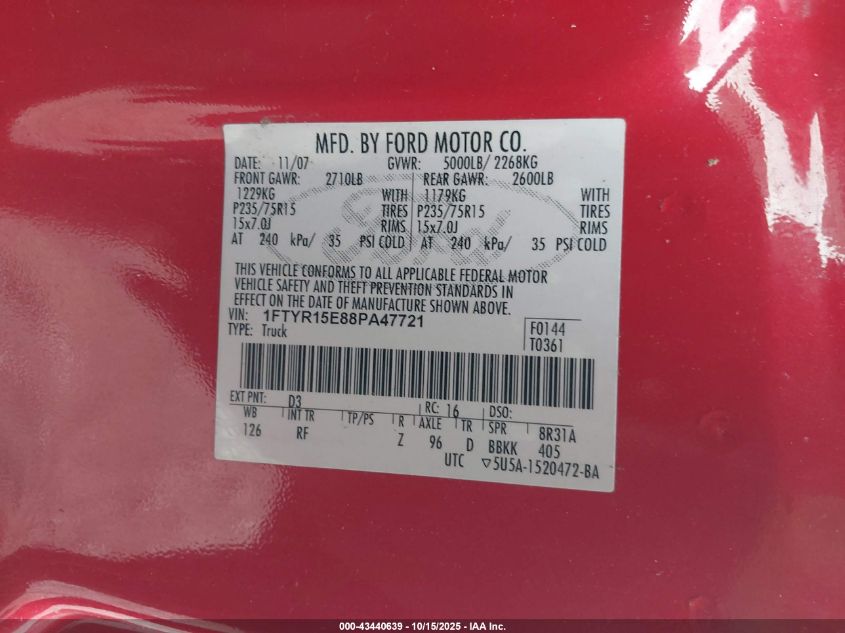 2008 Ford Ranger Fx4 Off-Road/Sport/Xl/Xlt VIN: 1FTYR15E88PA47721 Lot: 43440639