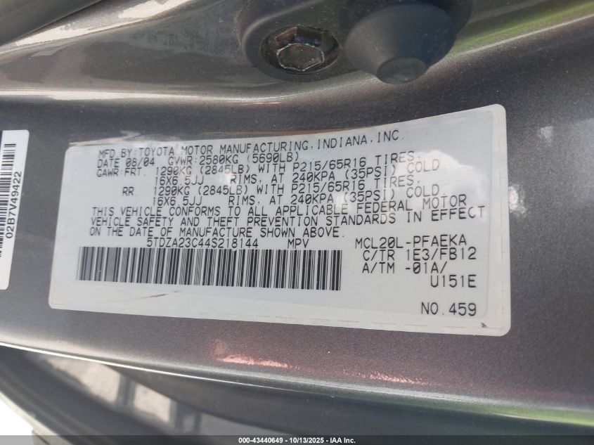 2004 Toyota Sienna Le VIN: 5TDZA23C44S218144 Lot: 43440649