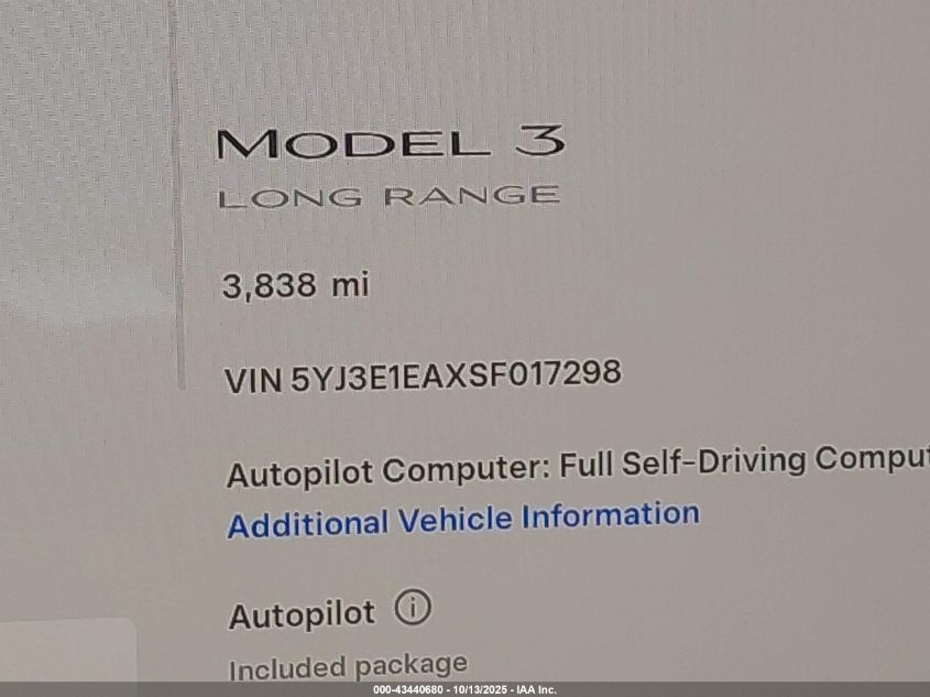 2025 Tesla Model 3 Long Range Rear-Wheel Drive VIN: 5YJ3E1EAXSF017298 Lot: 43440680
