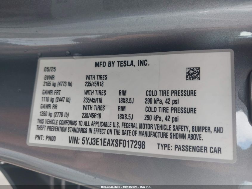 2025 Tesla Model 3 Long Range Rear-Wheel Drive VIN: 5YJ3E1EAXSF017298 Lot: 43440680