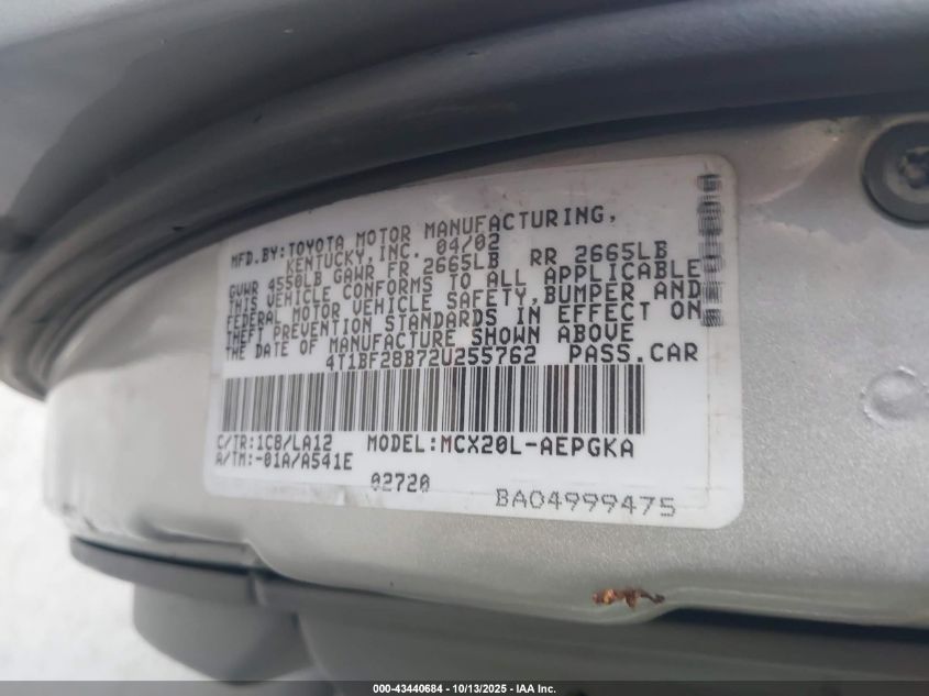 2002 Toyota Avalon Xls VIN: 4T1BF28B72U255762 Lot: 43440684