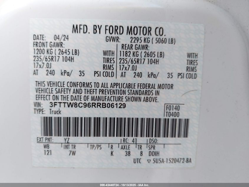 2024 Ford Maverick Xlt VIN: 3FTTW8C96RRB06129 Lot: 43440724