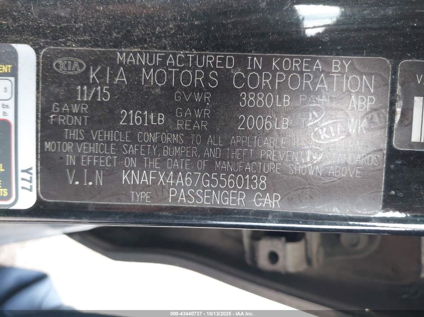 2016 Kia Forte Lx VIN: KNAFX4A67G5560138 Lot: 43440737