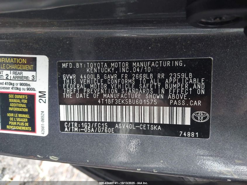 2011 Toyota Camry Se VIN: 4T1BF3EK5BU601575 Lot: 43440741