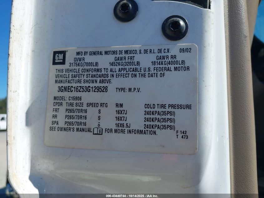 2003 Chevrolet Suburban 1500 Lt VIN: 3GNEC16Z53G129528 Lot: 43440744