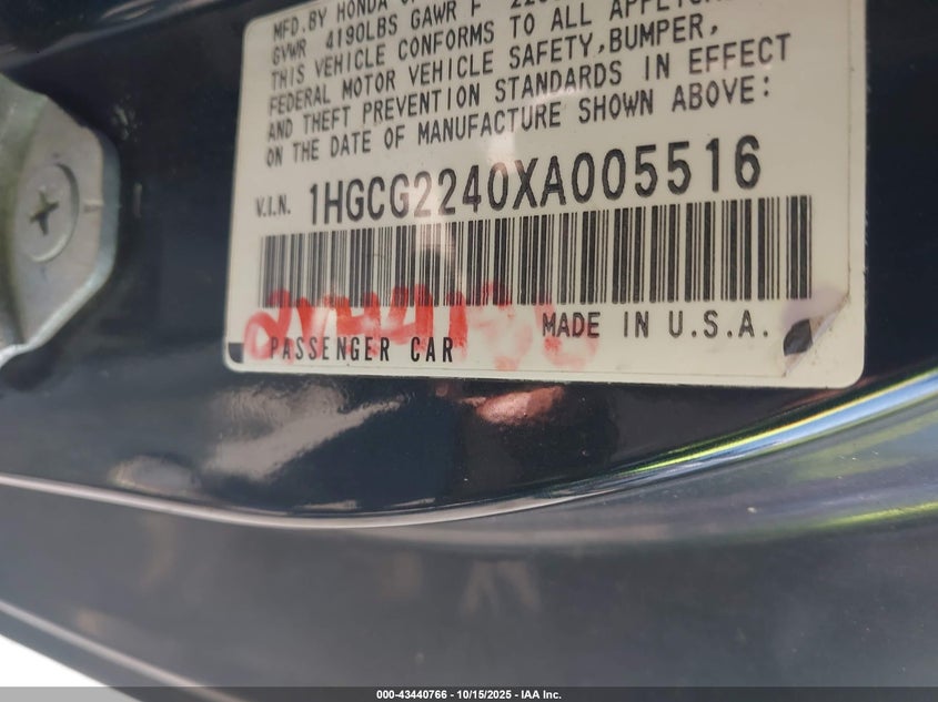 1HGCG2240XA005516 1999 HONDA ACCORD photo no. 9