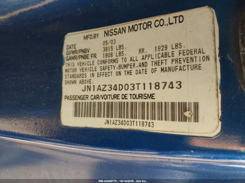 2003 Nissan 350Z VIN: JN1AZ34D03T118743 Lot: 43440770