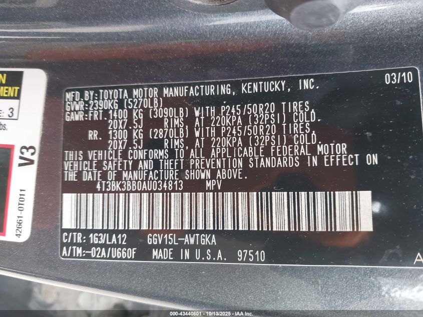 2010 Toyota Venza Base V6 VIN: 4T3BK3BB0AU034813 Lot: 43440801