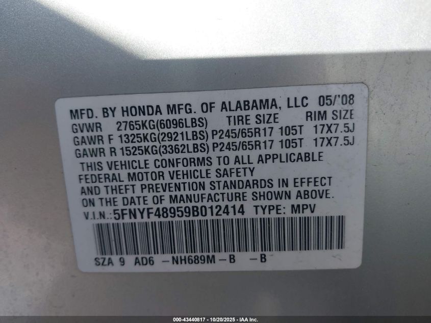2009 Honda Pilot Touring VIN: 5FNYF48959B012414 Lot: 43440817