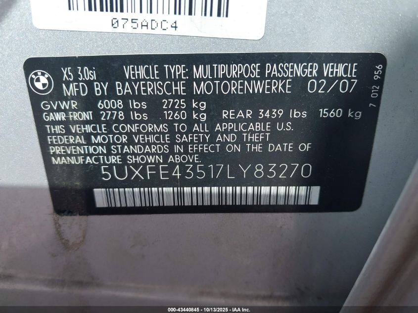 2007 BMW X5 3.0Si VIN: 5UXFE43517LY83270 Lot: 43440845