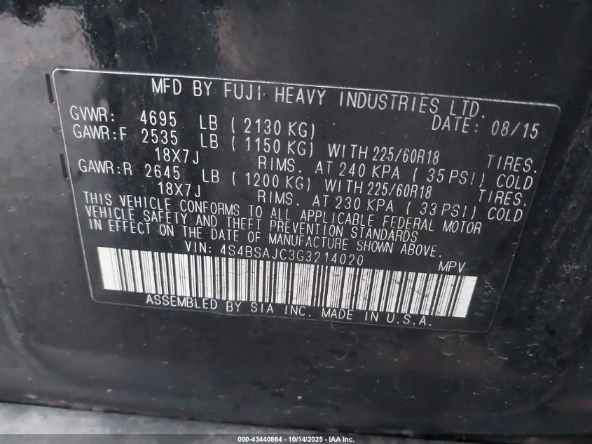 2016 Subaru Outback 2.5I Limited VIN: 4S4BSAJC3G3214020 Lot: 43440864