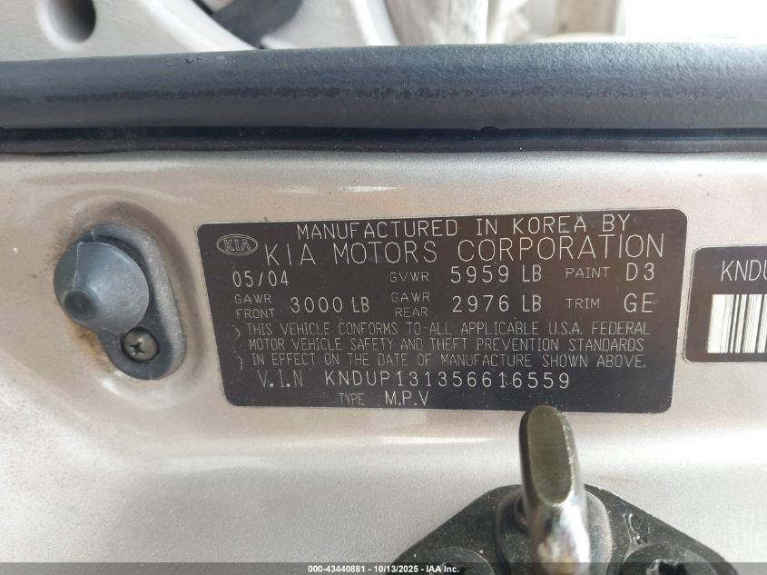 2005 Kia Sedona Ex/Lx VIN: KNDUP131356616559 Lot: 43440881