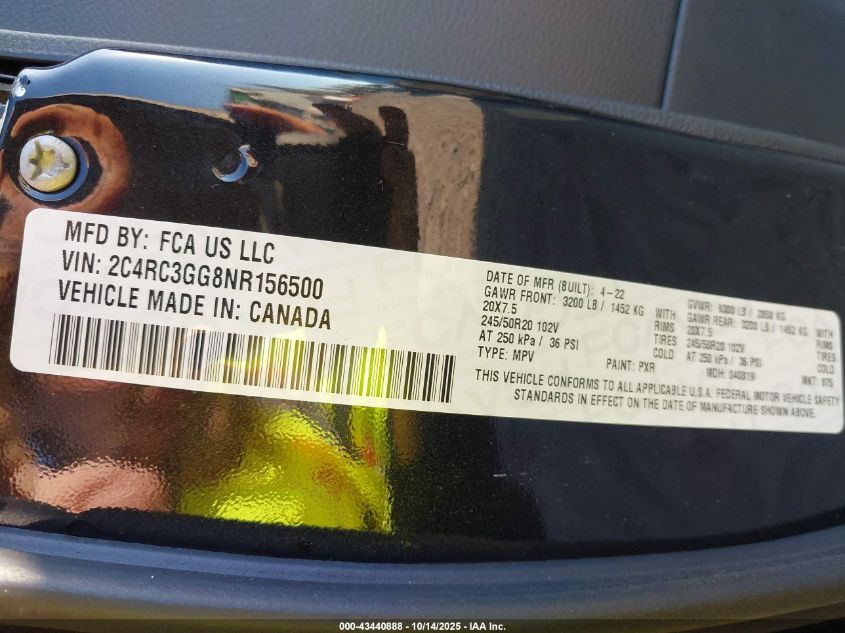 2022 Chrysler Pacifica Limited Awd VIN: 2C4RC3GG8NR156500 Lot: 43440888