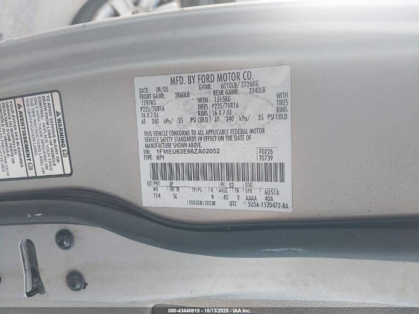 2006 Ford Explorer Xlt VIN: 1FMEU63E66ZA02002 Lot: 43440915