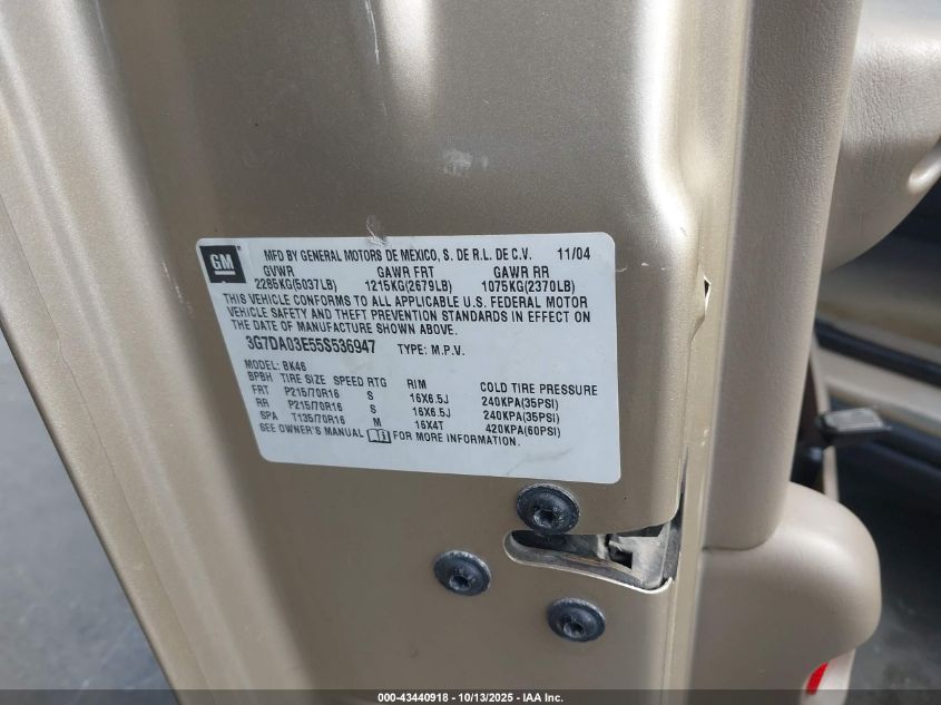 2005 Pontiac Aztek VIN: 3G7DA03E55S536947 Lot: 43440918