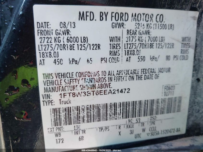 2014 Ford F-350 Lariat VIN: 1FT8W3BT6EEA21472 Lot: 43440940