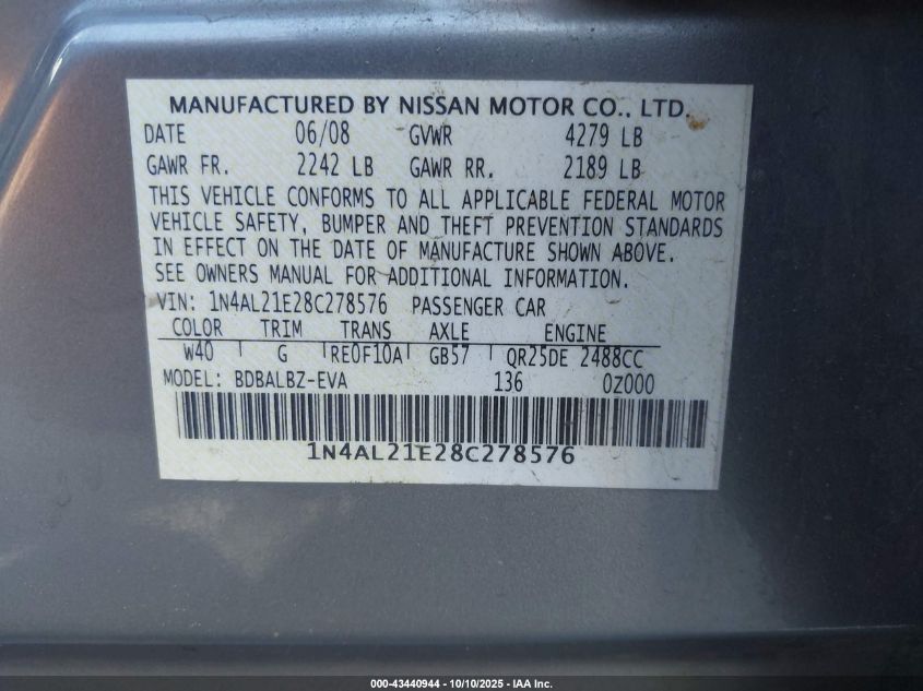 2008 Nissan Altima 2.5 S VIN: 1N4AL21E28C278576 Lot: 43440944