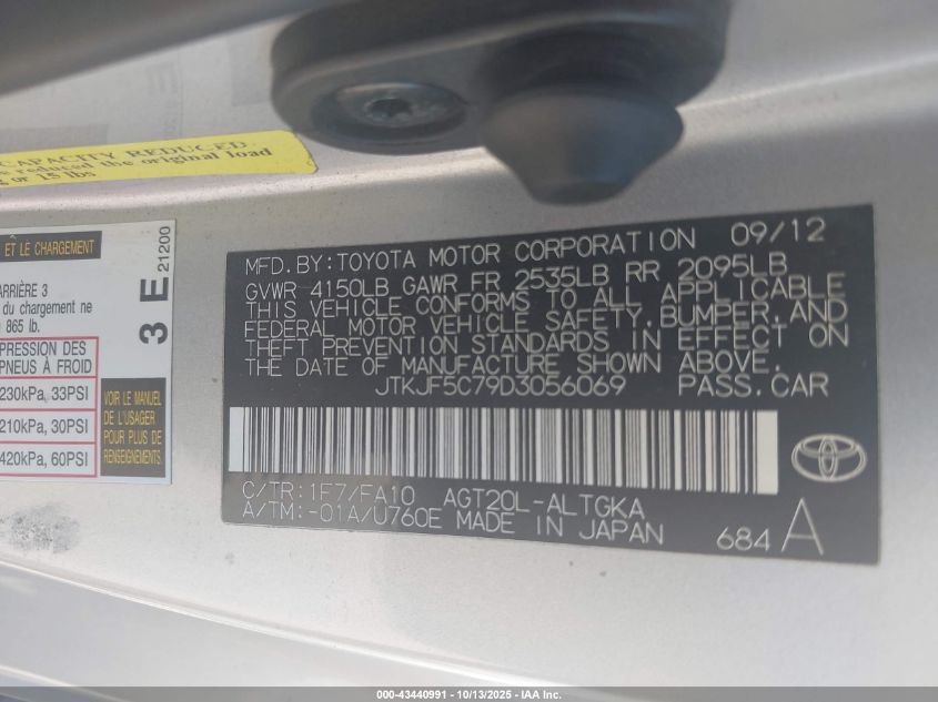 2013 Scion Tc VIN: JTKJF5C79D3056069 Lot: 43440991