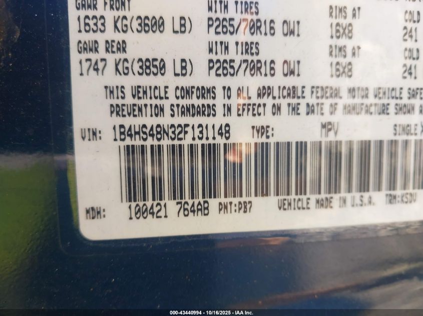 2002 Dodge Durango Slt VIN: 1B4HS48N32F131148 Lot: 43440994