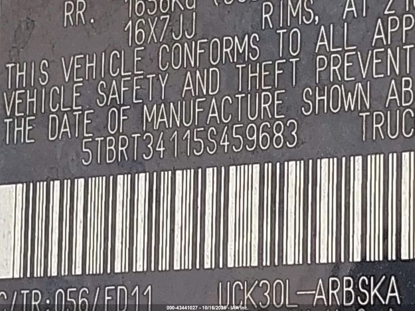 2005 Toyota Tundra Sr5 V8 VIN: 5TBRT34115S459683 Lot: 43441027