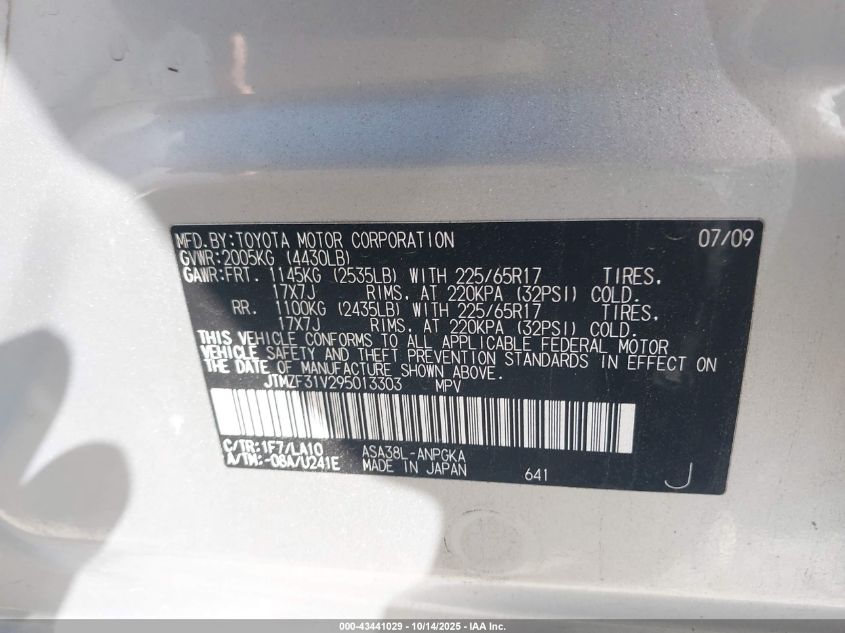 2009 Toyota Rav4 Limited VIN: JTMZF31V295013303 Lot: 43441029