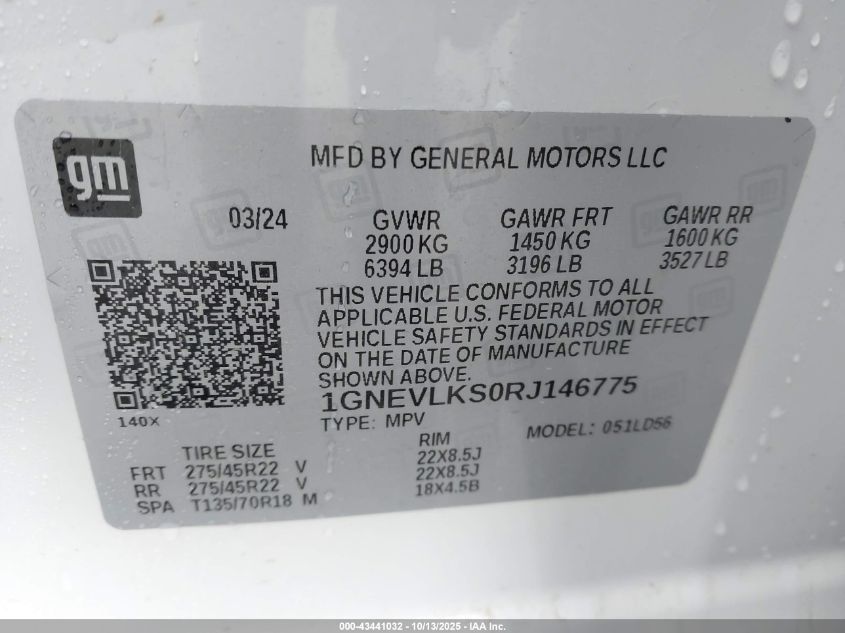 2024 Chevrolet Traverse Awd Rs VIN: 1GNEVLKS0RJ146775 Lot: 43441032