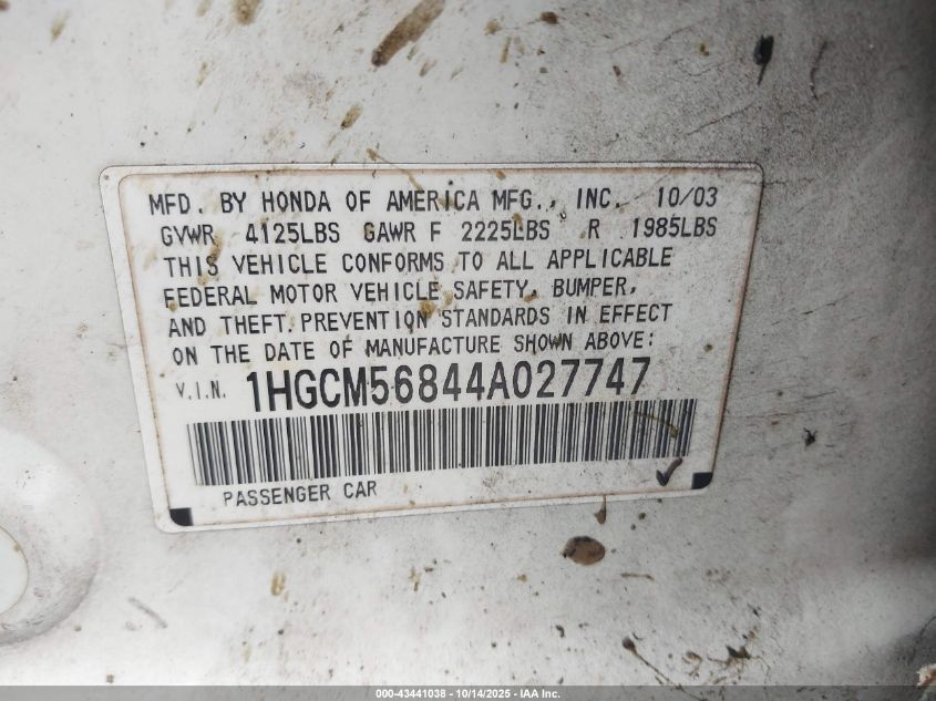 2004 Honda Accord 2.4 Ex VIN: 1HGCM56844A027747 Lot: 43441038