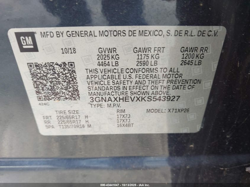 2019 Chevrolet Equinox Ls VIN: 3GNAXHEVXKS543927 Lot: 43441047