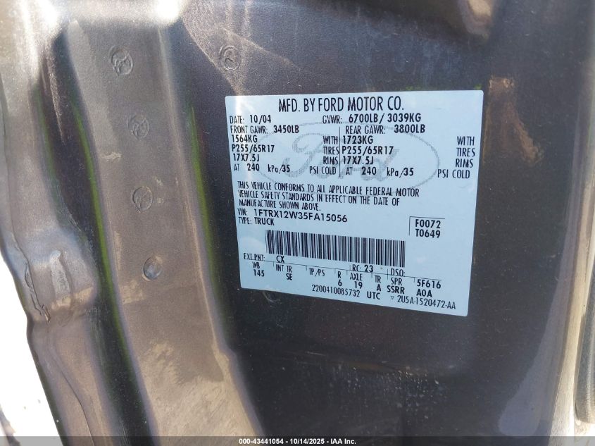 2005 Ford F-150 Stx/Xl/Xlt VIN: 1FTRX12W35FA15056 Lot: 43441054