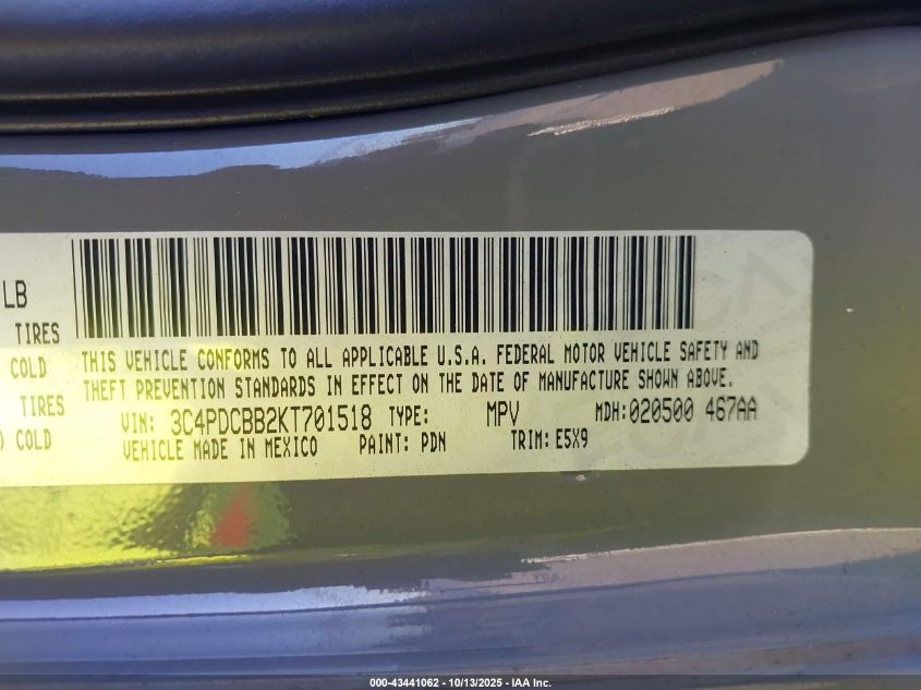 2019 Dodge Journey Se VIN: 3C4PDCBB2KT701518 Lot: 43441062