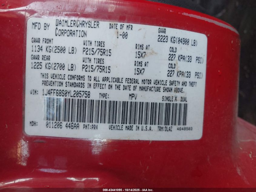 2000 Jeep Cherokee Limited VIN: 1J4FF68S0YL205758 Lot: 43441095