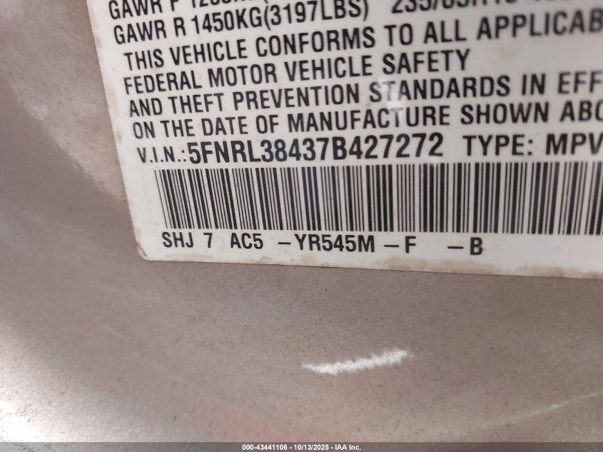 2007 Honda Odyssey Ex VIN: 5FNRL38437B427272 Lot: 43441106