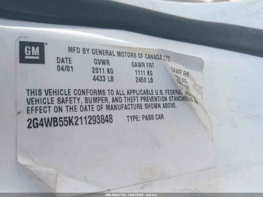2001 Buick Regal Ls VIN: 2G4WB55K211293848 Lot: 43441114