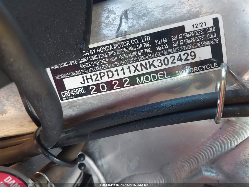 2022 Honda Crf450 Rl VIN: JH2PD111XNK302429 Lot: 43441116