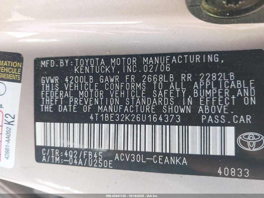 2006 Toyota Camry Le VIN: 4T1BE32K26U164373 Lot: 43441138