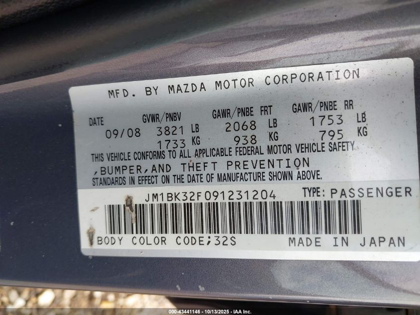 2009 Mazda Mazda3 I VIN: JM1BK32F091231204 Lot: 43441146