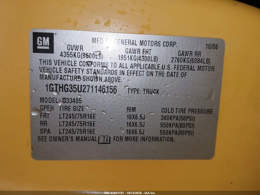 2007 GMC Savana Work Van VIN: 1GTHG35U271146156 Lot: 43441151