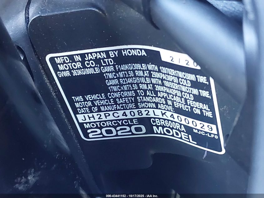 2020 Honda Cbr600 Ra VIN: JH2PC4082LK400029 Lot: 43441152