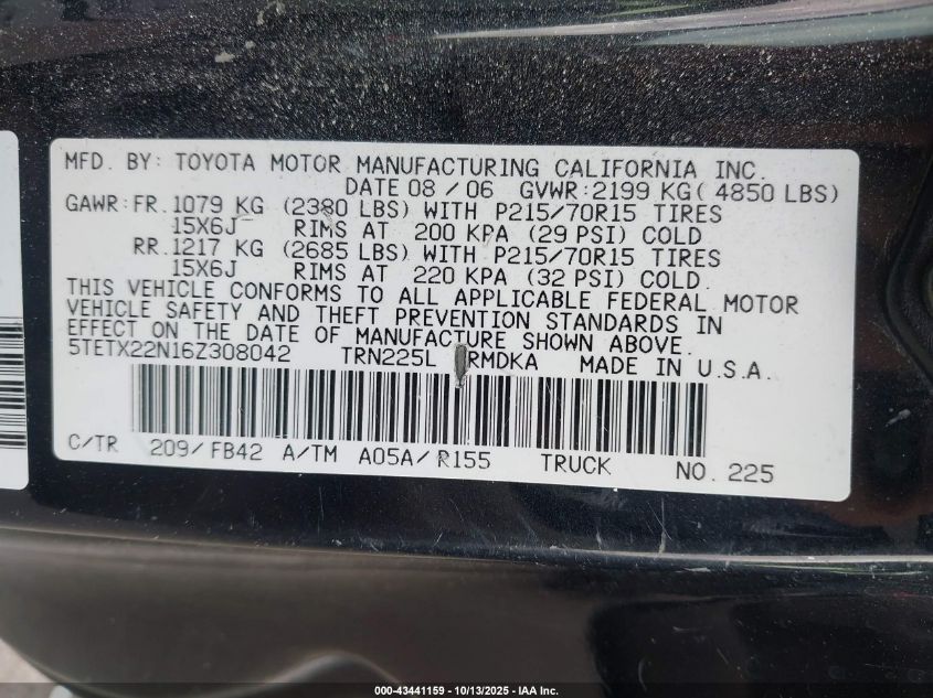 2006 Toyota Tacoma VIN: 5TETX22N16Z308042 Lot: 43441159