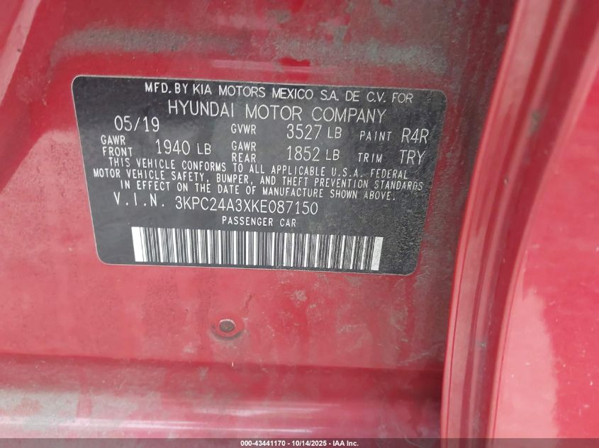 2019 Hyundai Accent Se VIN: 3KPC24A3XKE087150 Lot: 43441170
