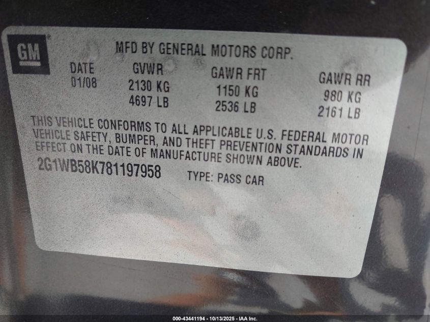 2008 Chevrolet Impala Ls VIN: 2G1WB58K781197958 Lot: 43441194