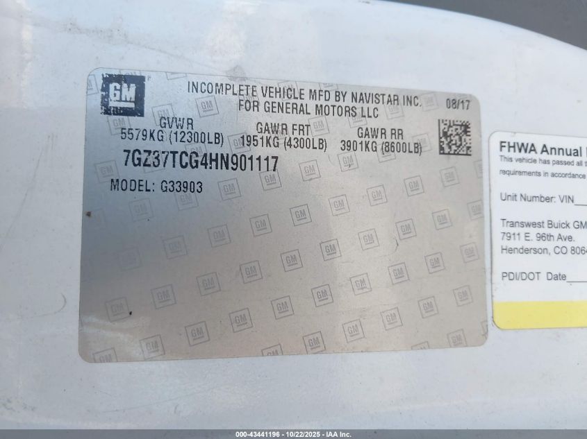 2017 GMC Savana Cutaway Work Van VIN: 7GZ37TCG4HN901117 Lot: 43441196