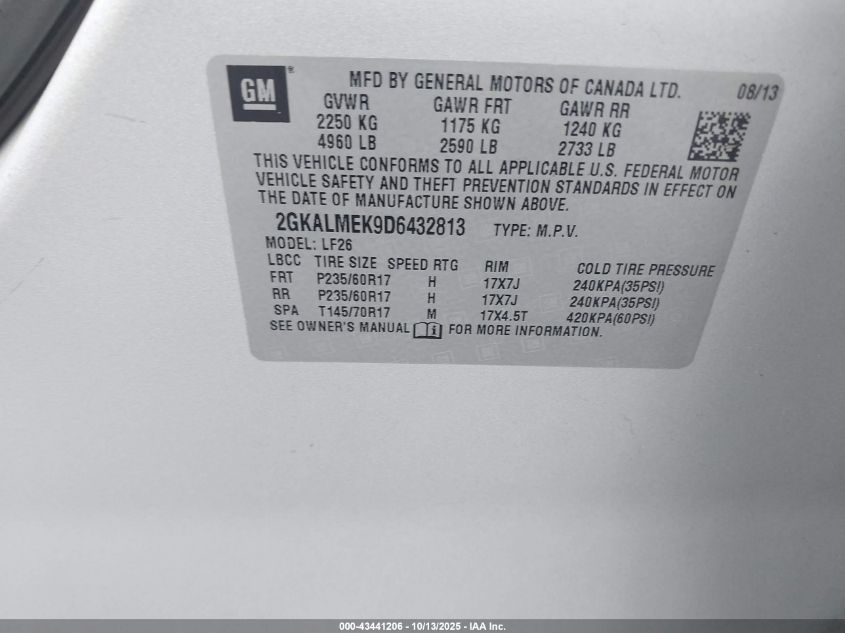 2013 GMC Terrain Sle-1 VIN: 2GKALMEK9D6432813 Lot: 43441206