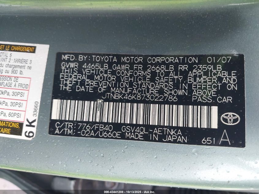 2007 Toyota Camry Le/Xle/Se VIN: JTNBK46K873022786 Lot: 43441208