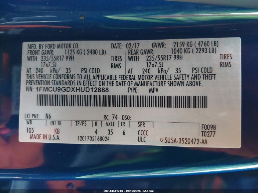 2017 Ford Escape Se VIN: 1FMCU9GDXHUD12888 Lot: 43441210