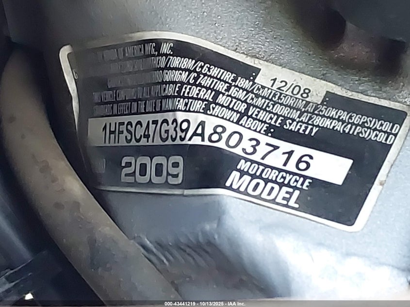2009 Honda Gl1800 VIN: 1HFSC47G39A803716 Lot: 43441219