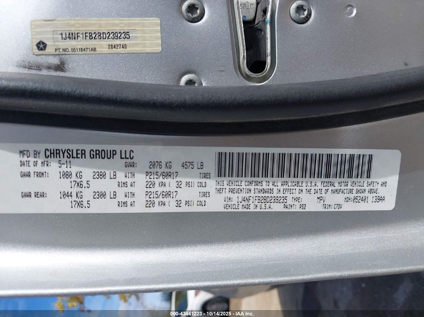 2011 Jeep Compass VIN: 1J4NF1FB2BD239235 Lot: 43441223