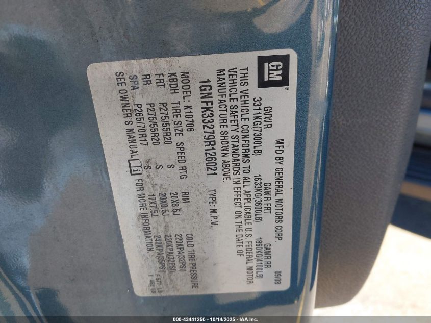 2009 Chevrolet Tahoe Ltz VIN: 1GNFK33279R126021 Lot: 43441250