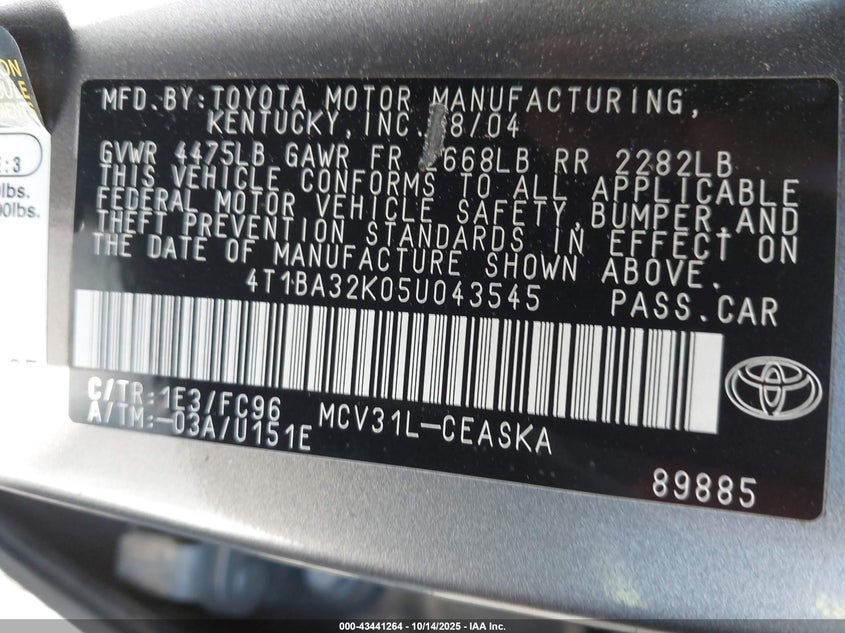 4T1BA32K05U043545 2005 TOYOTA CAMRY photo no. 9