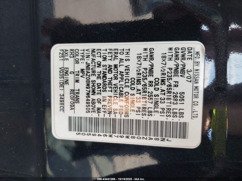 2007 Nissan Murano S VIN: JN8AZ08W97W649505 Lot: 43441266